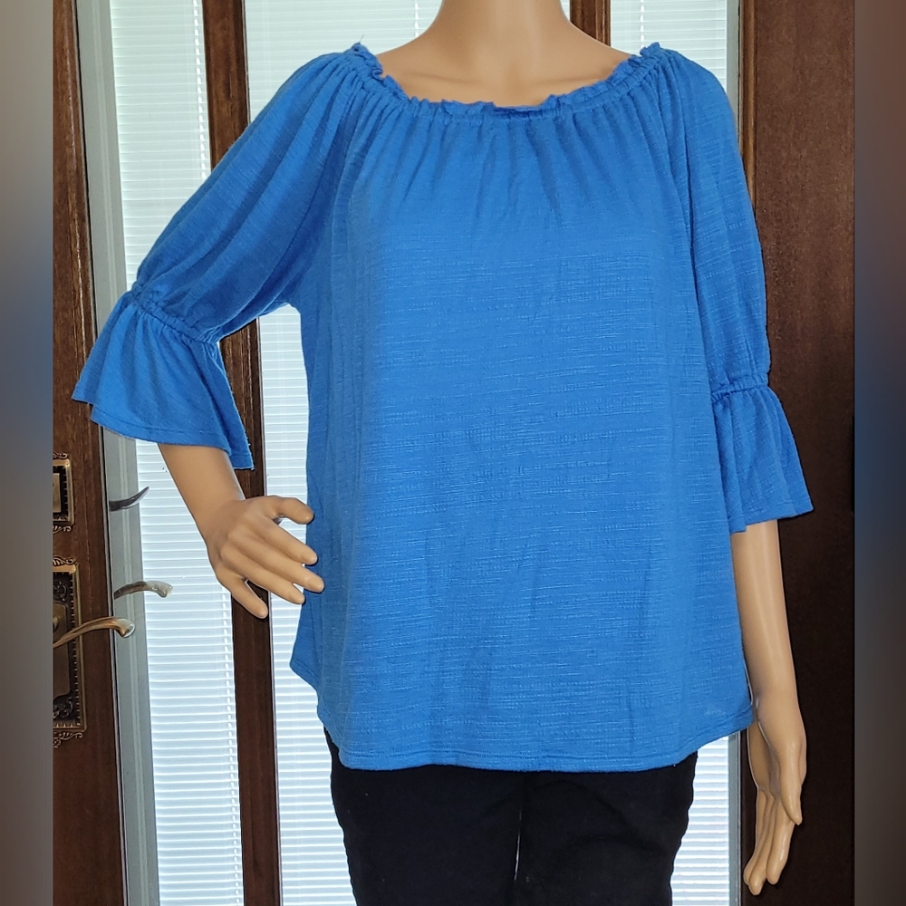 Laurie Felt Gauze Ruffle Peasant Top in Ocean Blue- Medium